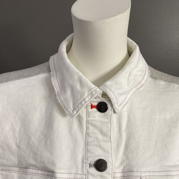 Peace Love World White/Gray Chic Denim Jacket Puff Gray Sleeve Oversized SZ XXS - Picture 10 of 16